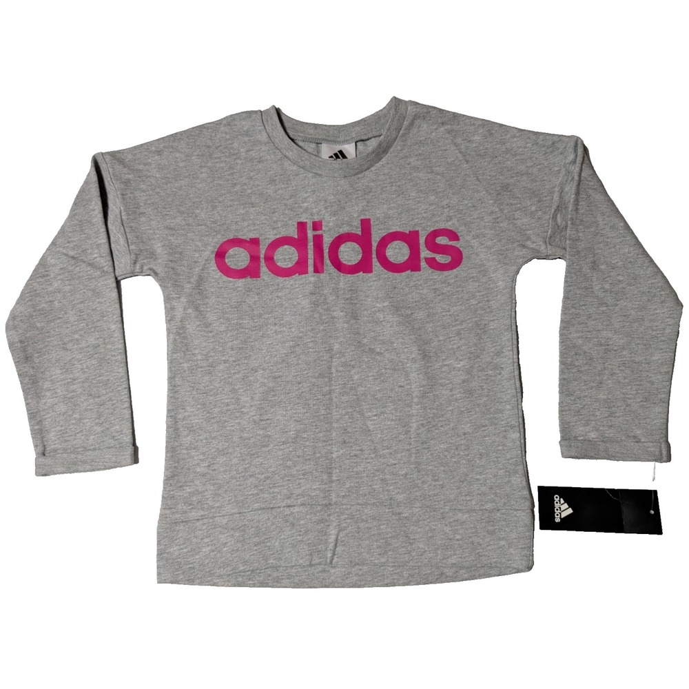 ADIDAS Girls Size 5 Gray Cotton Pink Logo Lightweight Pullover Sweatshirt NEW